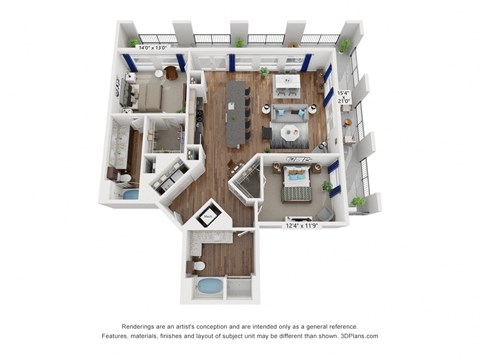 Floor plan for 2 beds, 2 baths, 1380 sqft